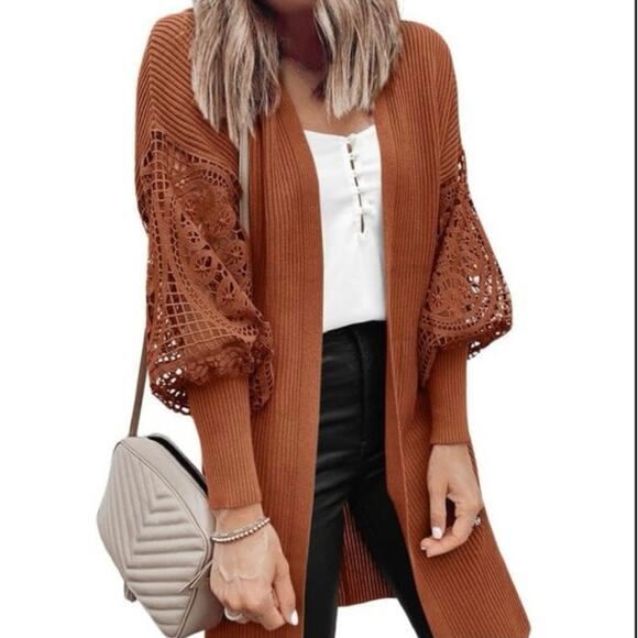 Express Cardigan Womens XL  Crochet Sleeve Duster Sweater Brown Boho Bohemian - Picture 1 of 7